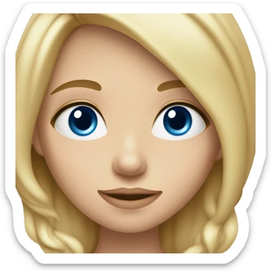 A blonde girl with slightly wavy hair that is to her chest, and blue eyes with mascara sticker