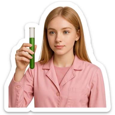 blonde girl with green-grey eyes, dressed in pink clothes, holding a test tube, chemist style sticker
