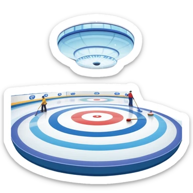 please, An icon featuring the curling rink, with its distinctive circles, and a vibrant crowd in the stands. Snowflakes fall outside the arena, and bright lights illuminate the ice. a curling stone sliding across the ice, with a broom nearby. Transparent background. sticker
