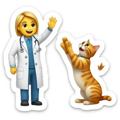 happy cat giving a veterinarian a high five sticker