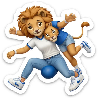 friendly anthropomorphised female lion wearing a baseball shirt, jeans, and trainers, helping another character up after falling down sticker