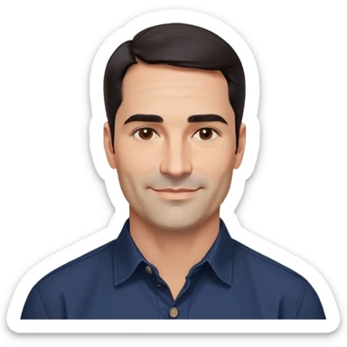 Man in his 40s with wide square face, marked jawline, full cheeks, friendly expression, medium dark brown eyes, thick natural eyebrows, straight wide nose, medium lips curved slightly upward in a relaxed smile, short neat dark brown almost black hair, wearing a navy blue button-up shirt sticker