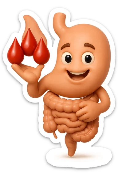 emoji stile iphone 3d di stomaco e intestino collegati verticalmente con 3 gocce di sangue 3d in mano, iperrealistiche 4k sticker