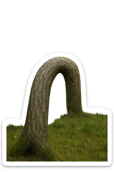 Realistic, vertical 4K illustration: a hyperrealistic tree trunk in a forest setting, noticeably bent, drooping, or wilted instead of standing upright. The bark is textured and detailed, with subtle cracks and faded colors suggesting loss of vitality. Soft, natural light filters through the surrounding trees, casting gentle shadows. The scene is quiet and contemplative, with the trunk’s unusual, slumped posture symbolizing a decline in male libido. The background is lush and detailed, but the focus remains on the central, softened trunk, evoking a sense of vulnerability and introspection. sticker