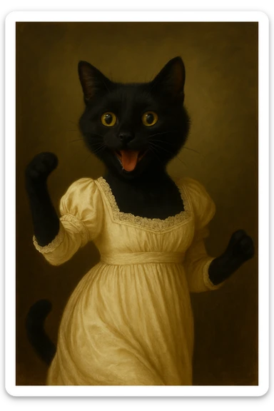 Make the black cat more playful with a lively pose and joyful expression, still wearing elegant Regency-era Pride and Prejudice attire. Focus on enhancing playfulness and liveliness while keeping the period-accurate clothing. sticker