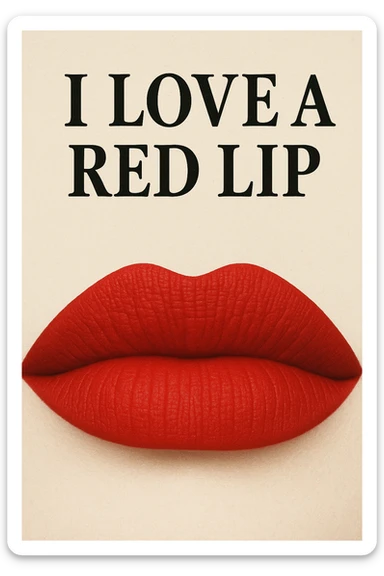 Replace the text with 'I love A Red Lip' while keeping the bold matte red lips and closed mouth style. Preserve the original font and layout. sticker