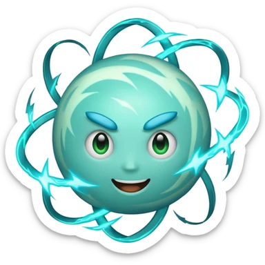 Uranus emoji in Apple-style, blue-green planet with swirling rings, big playful excited face, large clearly visible bold lightning bolt, bursting with electric chaotic energy sticker