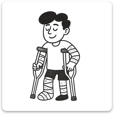 Add crutches and show more bandages on the injured man in the style of hand drawn doodles. Keep the doodle style. sticker