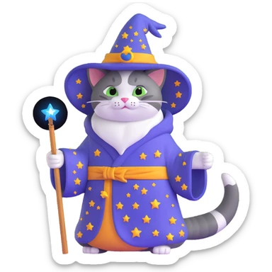 wizard cat with a starry robe and hat sticker
