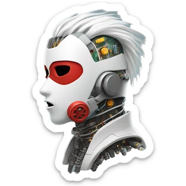 White Mohawk female cyborg head with red respirator mask and circuits sticker
