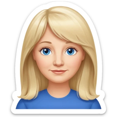 50 yr old white woman, curtain bangs, very long straight blond hair, oval face, small smile, blue eyes, slightly chubby face sticker