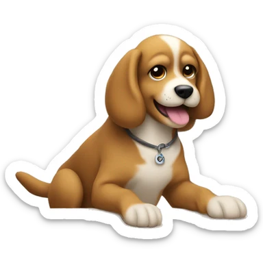 a cute dog sitting in front of a display at a a computer. typing in some text with his paws. head looking back. sticker