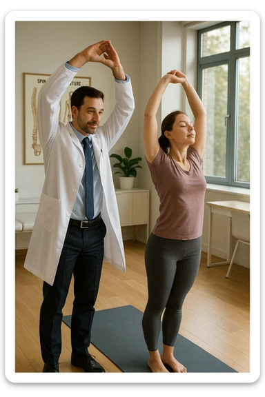 A realistic, cinematic illustration of a professional doctor in a white coat inside a bright, modern medical office, demonstrating a simple stretching exercise to a patient for improving posture. The doctor, calm and encouraging, shows a gentle spinal extension stretch while explaining its benefits for posture and spinal health, with an anatomical poster of the spine and posture alignment in the background. The scene includes a yoga mat, clean wooden floors, and natural light streaming through large windows, creating a warm, health-focused atmosphere. The patient, in comfortable activewear, watches and mirrors the stretch, emphasizing the preventive and therapeutic role of stretching for posture correction under medical guidanc sticker