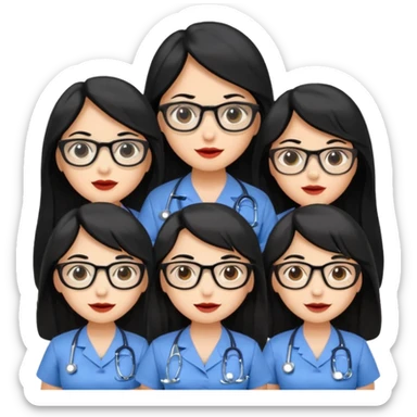 Genera emogis de 4 cuatro enfermeras de cabello negro largo, entre ellas que una tenga lentes y otra un lunar encima de los labios sticker