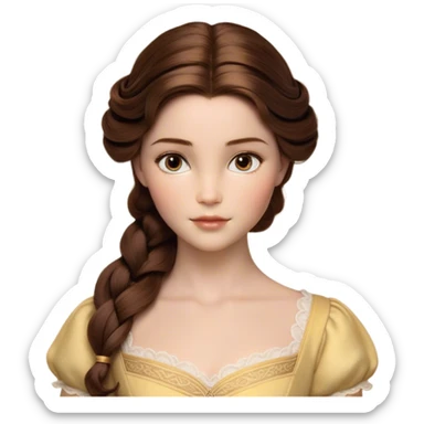 Cinematic Realistic Belle Portrait, depicted with lifelike skin texture, soft natural lighting, and intricately detailed brown hair styled elegantly. Her deep, expressive eyes exude warmth and intelligence, complemented by a serene and graceful expression. She is dressed in her classic attire, with rich fabric textures and delicate folds that catch the light beautifully. The portrait features a soft, enchanting glow with a natural, radiant finish, capturing the essence of timeless beauty in a realistic and painterly style, evoking a sense of depth and authenticity. sticker