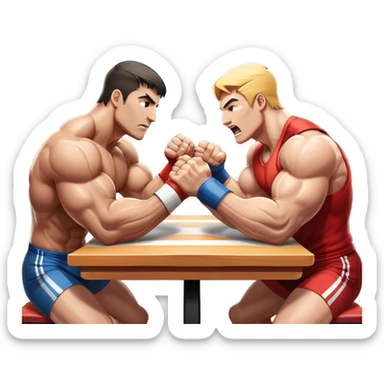 Two strong competitors locked in an intense arm wrestling match, muscles tensed as they battle for victory. The table is well-lit, showcasing their focused expressions and powerful arm grips. The background features a competitive arena with a cheering crowd. Transparent background. sticker