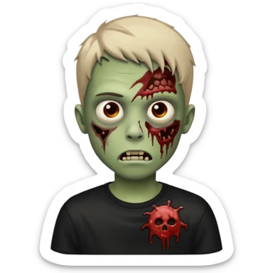 crie um menino zumbi emo sem sangues, com apenas a pele de zumbi e uma camisa preta sticker