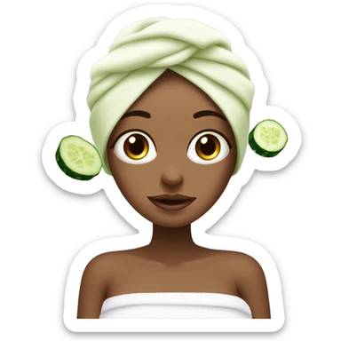 White girl in towel in her hair and slices of cucumber on her eyes, spa sticker