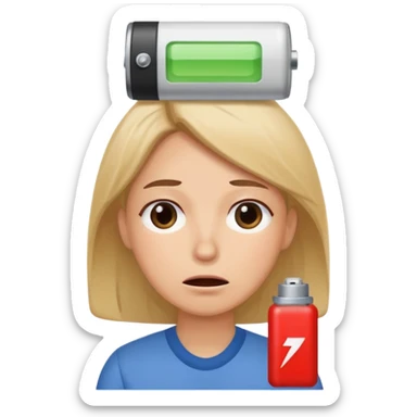 A kindergardenteacher with an empty battery icon above their head an exhausted and stressed face sticker