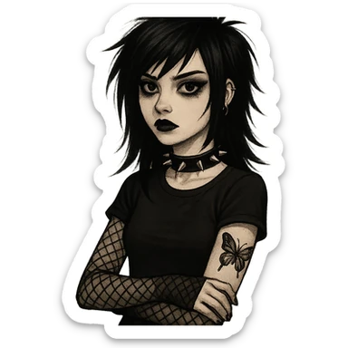 emo girl with spiked choker, fishnet sleeves, butterfly tattoo, gothic style sticker