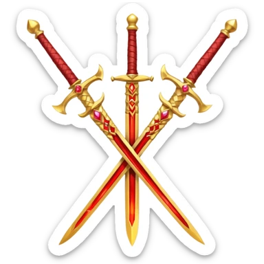 Two crossed swords that are golden in blade and handle and have fiery and royal appearence to them as well as red gem stones yellow in color sticker