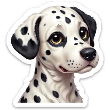 Cinematic Cute Spotted Dalmatian Portrait Emoji, Head tilted playfully and inquisitively, featuring a glossy Fur of predominantly white with dynamic black patches, round, sparkling eyes filled with gentle curiosity, Simplified yet irresistibly adorable features, highly detailed, glowing with a warm, friendly glow, high shine, affectionate and gentle, stylized with a touch of whimsy, bright and endearing, soft glowing outline, capturing the essence of a mischievous yet loving pup, so playful it feels like it could lumber out of the screen and into your arms! sticker