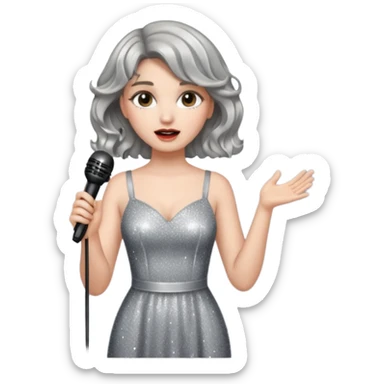 A short wavy female singer in sparkling dress holding a mic with emotional expression sticker