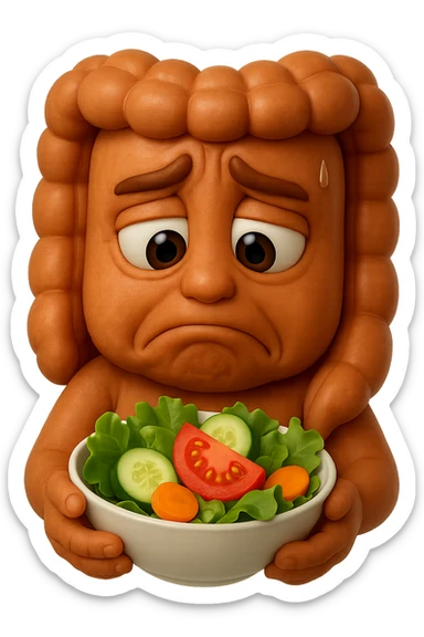 EMOJI STILE IPHONE DI UN INTESTINO UMANO ANATOMICO CHE GUARDA UN INSALATA CON ESPRESSIONE TRISTE E RASSEGNATA IN VOLTO: SOFFRE LA FAME PERCHé è A DIETA, FAGLI ANCHE LA PARTE BIANCA DEGLI OCCHI, NON SOLO LE PUPILLE, IPERREALISTICO 4K sticker