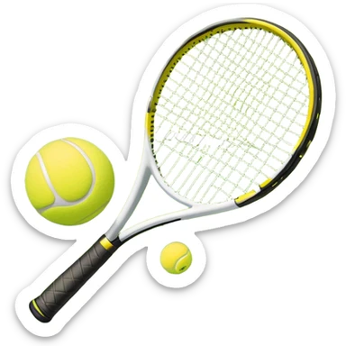 A tennis racket with a bright yellow tennis ball resting on it, set against the backdrop of a well-maintained tennis court. The scene emphasizes the smooth lines of the court and the focus on the ball and racket, symbolizing the elegance and precision of the sport sticker