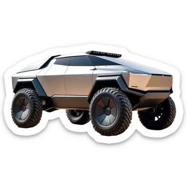 Tesla Cybertruck - A futuristic Tesla Cybertruck, angular and geometric with a sharp, triangular body shape. Stainless steel exoskeleton with a raw, unpainted, brushed-metal finish. A sleek, narrow LED light bar stretches across the entire front. Large, rugged off-road tires with exposed wheel arches. Smooth, handle-free doors and a slanted, armored rear with a retractable tonneau cover. Rear LED strip mirroring the front. The vehicle looks like a sci-fi-inspired, bulletproof stealth tank on wheels, set in a high-tech urban environment at sunset, with reflections on its metallic surface. sticker