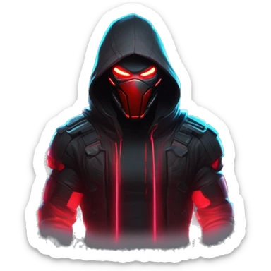 developer behind his laptop with this style : crysis Cyberpunk Riot Games Valorant neon glowing bright red character red dark black hooded assassin themed character sticker