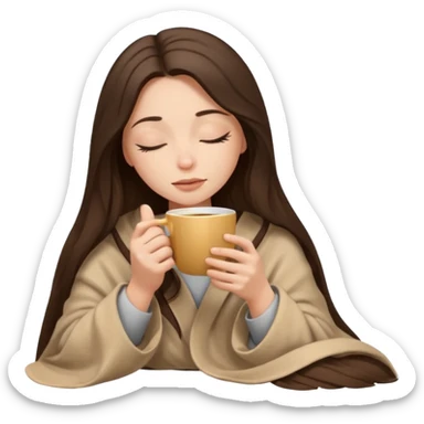 Brunette girl long hair inside a beige blanket sipping coffee eyes closed sticker