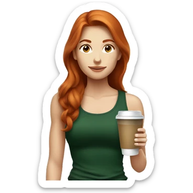 Redhead fitness girl in dark green top with coffee sticker