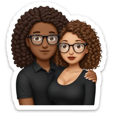 A mixed girl with rectangle glasses, the girl is wearing a black shirt, the girl has brown curly hair  and the girl has big boobs. A Mexican man is embracing her, with black bald hair  sticker