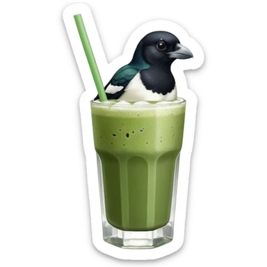 It’s an Australien Magpie sitting on an iced matcha latte on the edge of the glass. It has green matcha on its beak indicating it drank. The iced matxha latte is in a see through glass and white from the oat milk on the bottom and green on top…and there is a straw in the drink and ice cubes sticker