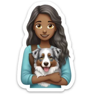 Girl with long brown hair holding blue merle Australian shepherd  sticker