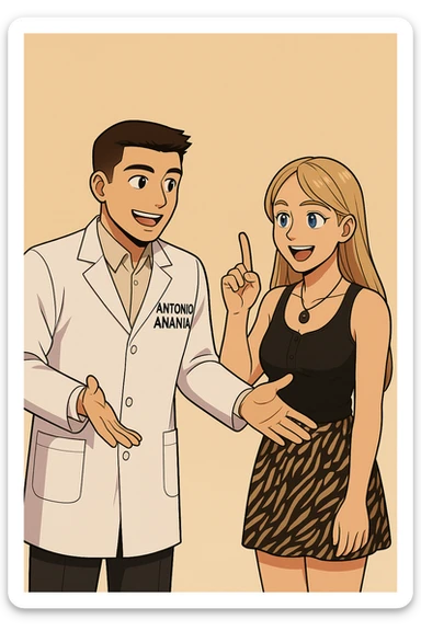 fai un webtoon/manga a colori con questo kinesiologo in camice bianco (fagli la scritta "ANTONIO ANANIA" SUL CAMICE) CHE PARLA CON QUESTA RAGAZZA CON GLI OCCHI AZZURRI. la ragazza lo guarda entusiasta con un indice alzato, IL KINESIOLOGO ha un espressione felice e la aspetta a braccia aperte. NON FARE I FUMETTI, FAI SOLO LORO COME SE DIALOGASSERO sticker