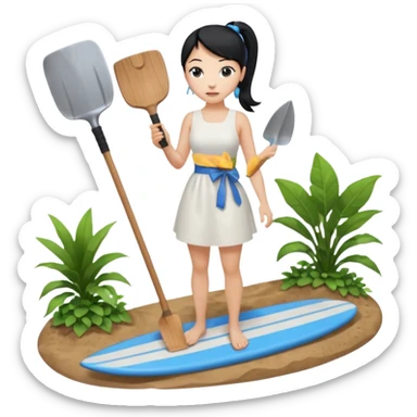 Princess who wearing white dress (woman) black ponytail hair holding her cellphone and  one garden shovel with another hand. She is standing on her feet, there is one blue surfing board under her feet. She is looking at her phone sticker