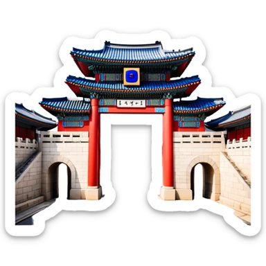 ​Cinematic Realistic Gwanghwamun Gate, depicted as a majestic historic gateway with traditional Korean architectural details, vibrant red and blue accents, and intricate carvings, set against a backdrop of modern Seoul under dynamic, natural lighting that highlights its timeless grandeur, sticker