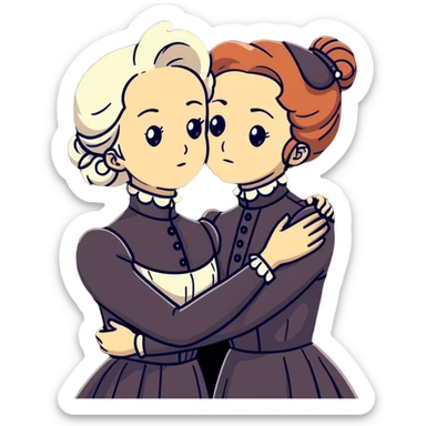 Two Victorian women with light eyes, one with white coiffed hair and one with copper coiffed hair, wearing Victorian high-neck dresses, embracing in a sad intimate hug sticker