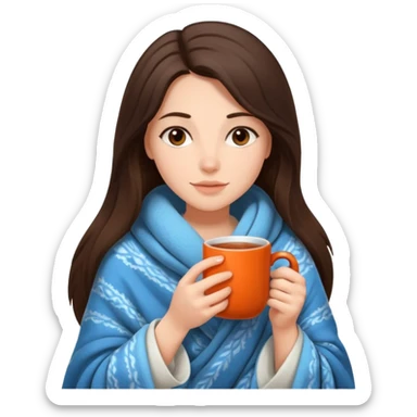 brunnette girl with long hair snuggled up in a blanket and holding a hot tea in her hands sticker