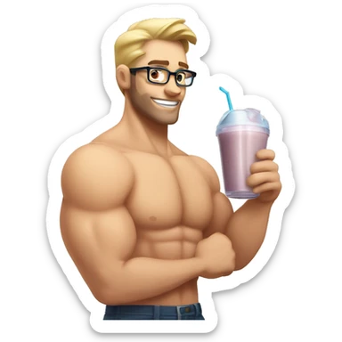 caucasian white muscled guy drinking a protein shake, half body shirtless, wear glasses sticker