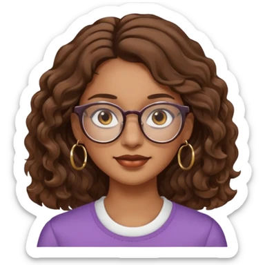 Women brown eye and brown mi-long wave hair with glasses and circle earing sticker