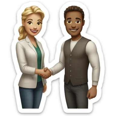 restaurant owner and blogger shaking hands, both with light skin, in great detail sticker