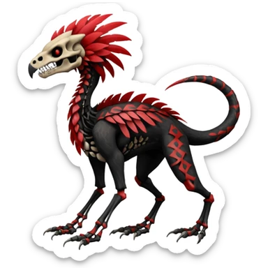 Rare realistic dark edgy evil tribal patterned red-feathered skeletal badass epic handsome gorgeous aesthetic black-skulled Vernid-Trico-Sergal-species-Fakemon-creature by LiLaiRa, 4 legs, 1 tail, random markings, (full body) sticker