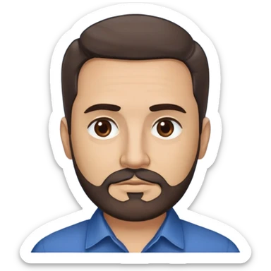 Puerto Rican man in his mid-50s with light skin. Round face with defined features. Expressive dark brown eyes, thick eyebrows. Full head of brown hair, slightly wavy. Medium-length brown beard, neatly trimmed. Wearing a dark blue button-up shirt. sticker