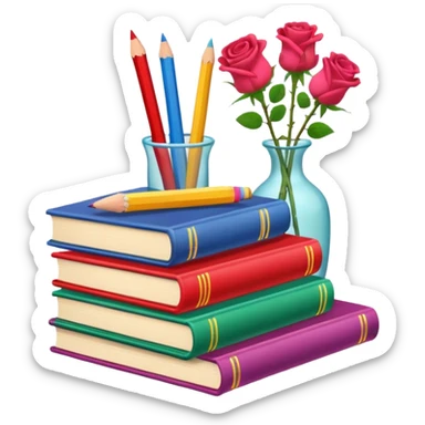 Five colorful books are stacked, along with a pencil holder full of crayons and a vase full of roses. The illustration style is cartoon. sticker