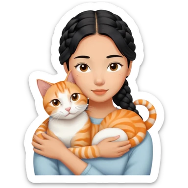 Young Asian woman with braided black hair cuddling a white and orange tabby cat, gentle embrace, affectionate pose sticker