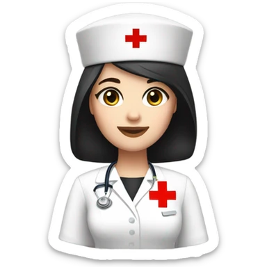 pixie cut black straight hair female nurse with red cross sign hat wearing dress
pale skin color
black eyes sticker