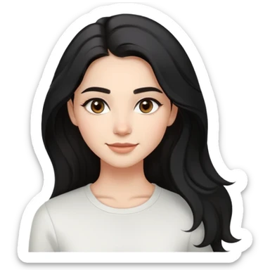 A young woman with long, slightly wavy black hair, hazel eyes, and well-defined eyebrows. She has a natural glow, a subtle smile, and wears minimal makeup. Dressed in a casual black and white outfit, with a softly blurred bright indoor background. sticker